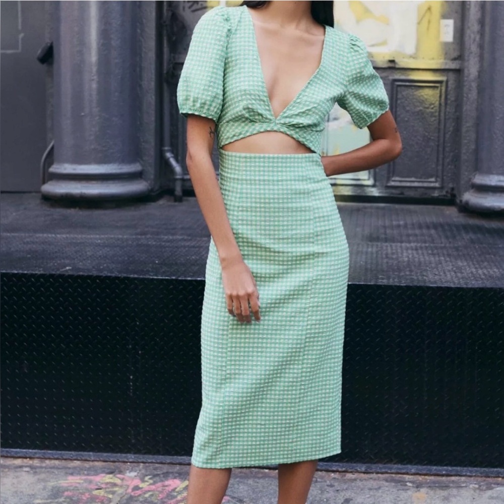 Zara green gingham cut out stretch summer dress size small